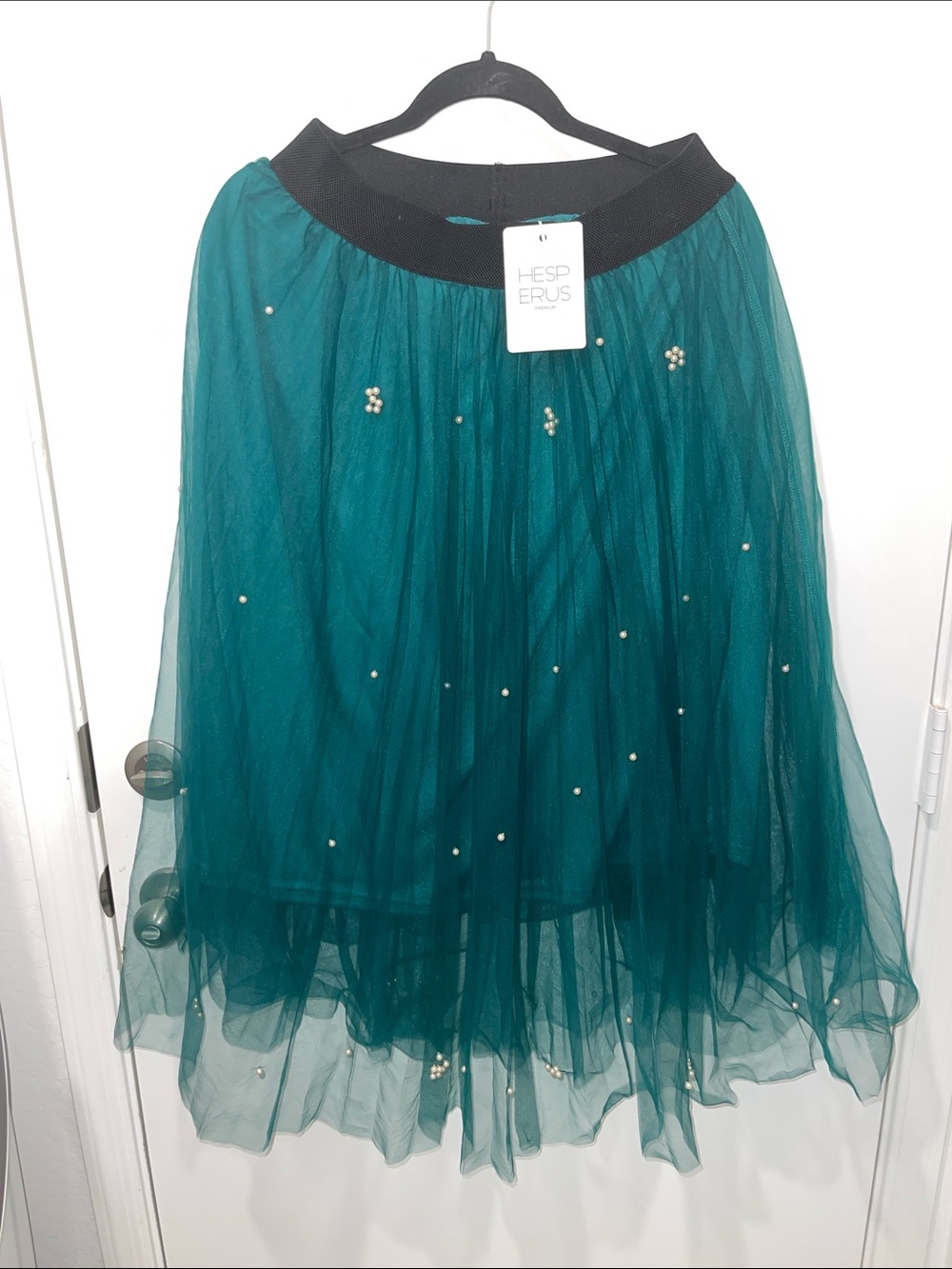 Size Medium Hesperus Teal Tulle Midi Skirt with Pearl Accents